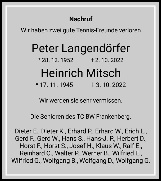Todesanzeige von Peter Langendörfer und Heirich Mitsch  von HNA