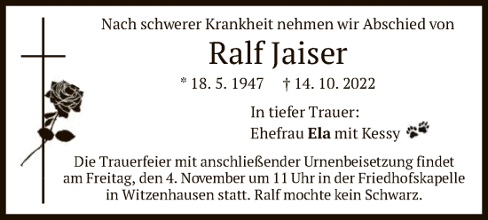 Todesanzeige von Ralf Jaiser von HNA