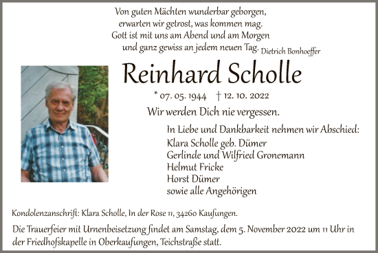 Todesanzeige von Reinhard Scholle von HNA