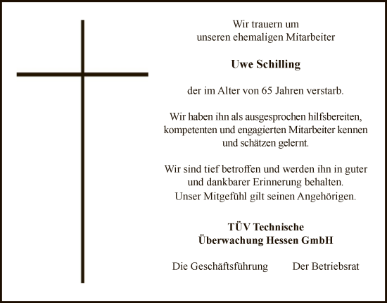 Todesanzeige von Uwe Schilling von HNA