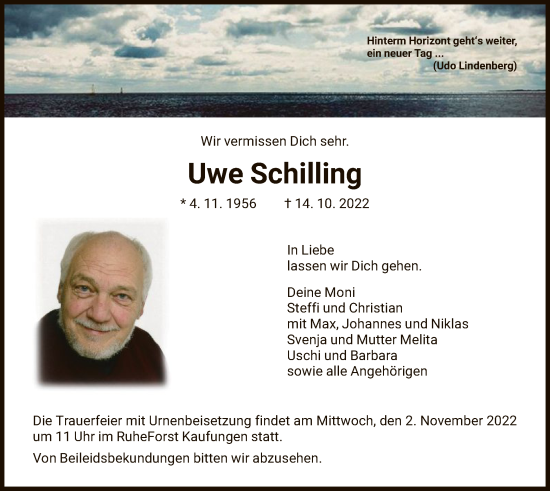 Todesanzeige von Uwe Schilling von HNA