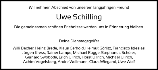 Todesanzeige von Uwe Schilling von HNA