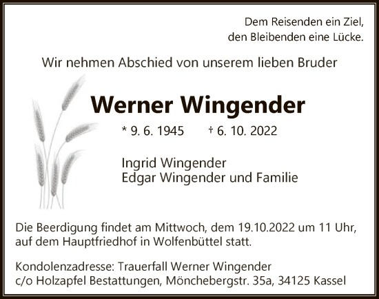 Todesanzeige von Werner Wingender von HNA