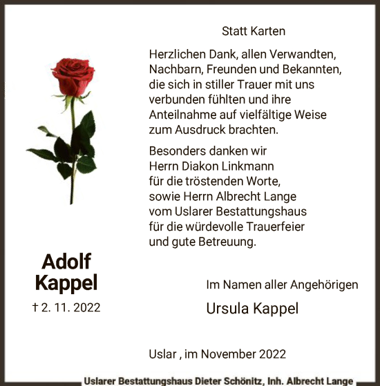 Todesanzeige von Adolf Kappel von HNA