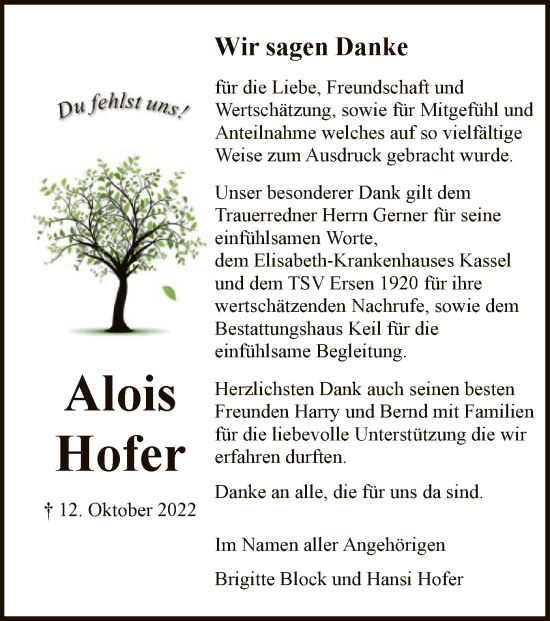 Todesanzeige von Alois Hofer von HNA
