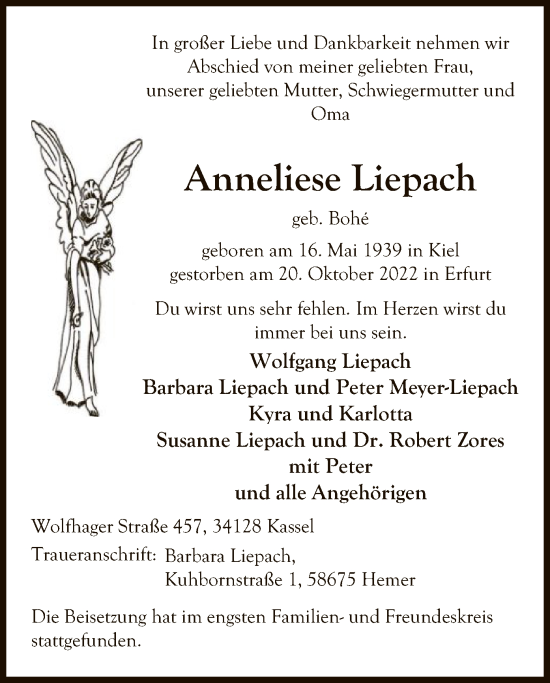Todesanzeige von Anneliese Liepach von HNA