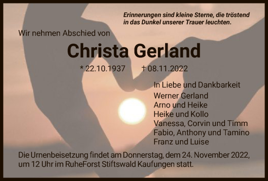 Todesanzeige von Christa Gerland von HNA