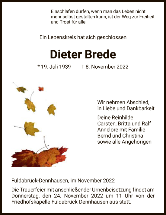 Todesanzeige von Dieter Brede von HNA
