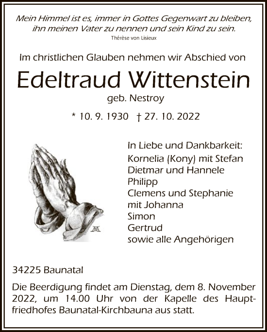 Todesanzeige von Edeltraud Wittenstein von HNA