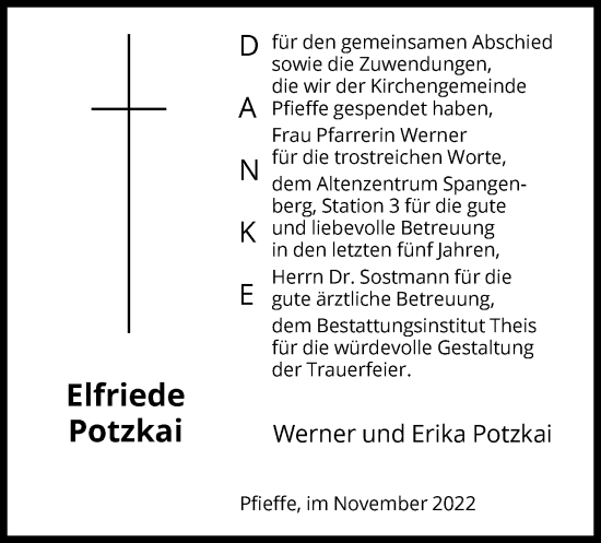 Todesanzeige von Elfriede Potzkai von HNA