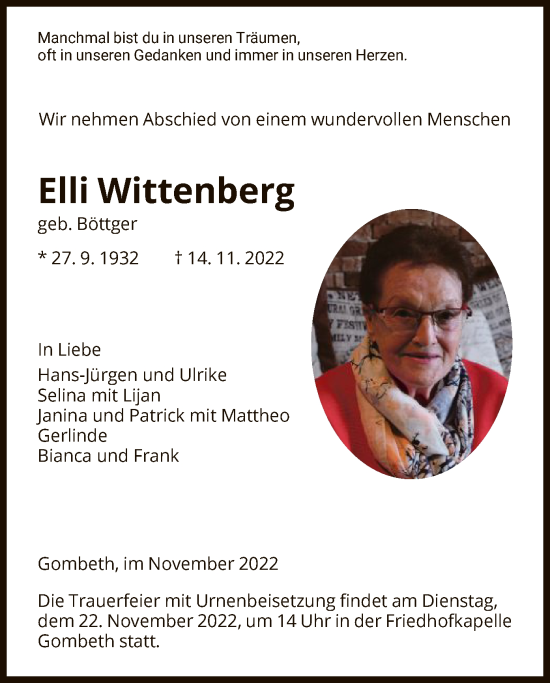 Todesanzeige von Elli Wittenberg von HNA