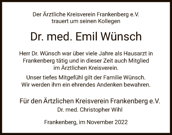 Todesanzeige von Emil Wünsch von HNA