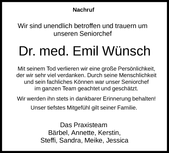 Todesanzeige von Emil Wünsch von HNA