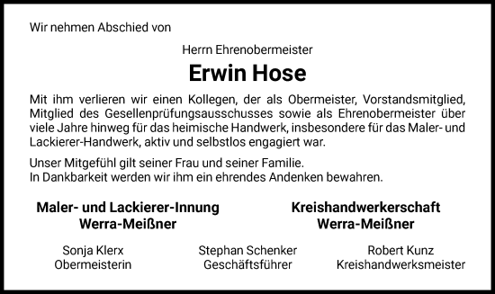 Todesanzeige von Erwin Hose von WRS