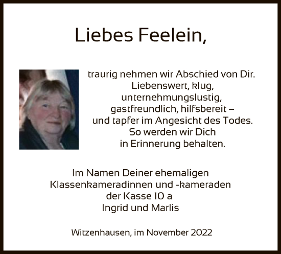 Todesanzeige von Feelein  von HNA