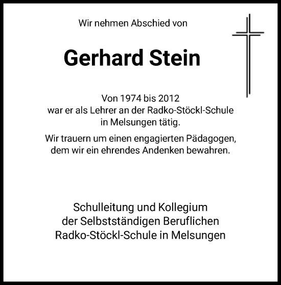 Todesanzeige von Gerhard Steinr von HNA