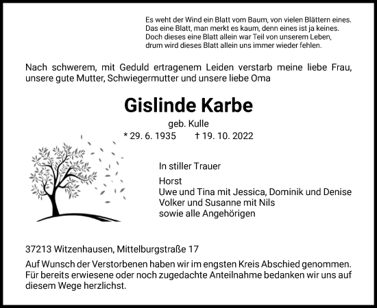 Todesanzeige von Gislinde Karbe von HNA
