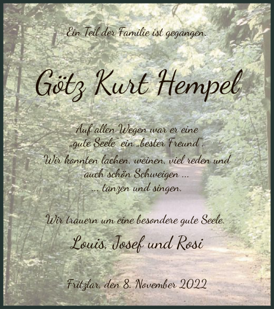 Todesanzeige von Götz Kurt Hempel von HNA