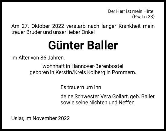 Todesanzeige von Günter Baller von HNA