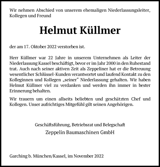 Todesanzeige von Helmut Küllmer von HNA