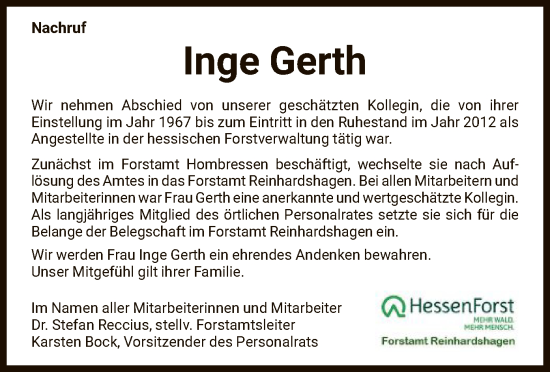 Todesanzeige von Inge Gerth von HNA
