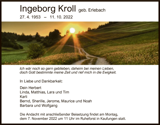 Todesanzeige von Ingeborg Kroll von HNA