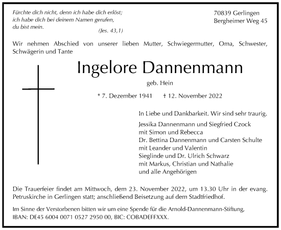 Todesanzeige von Ingelore Dannenmann von HNA