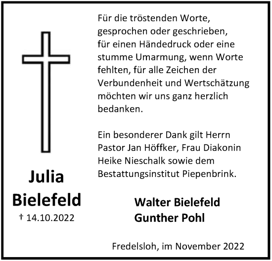 Todesanzeige von Julia Bielefeld von HNA