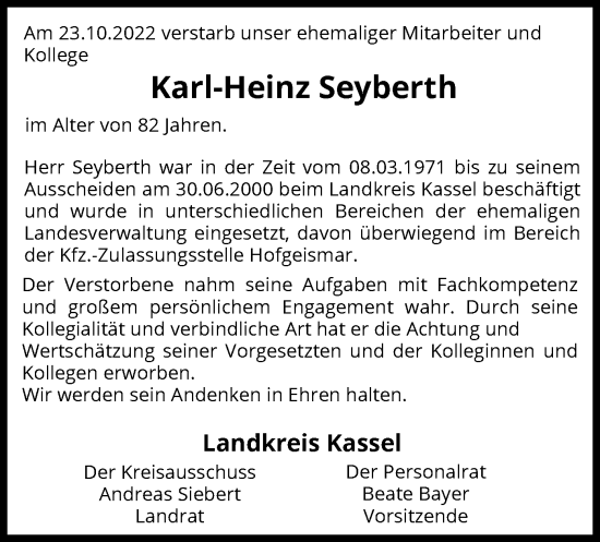 Todesanzeige von Karl-Heinz Seyberth von HNA
