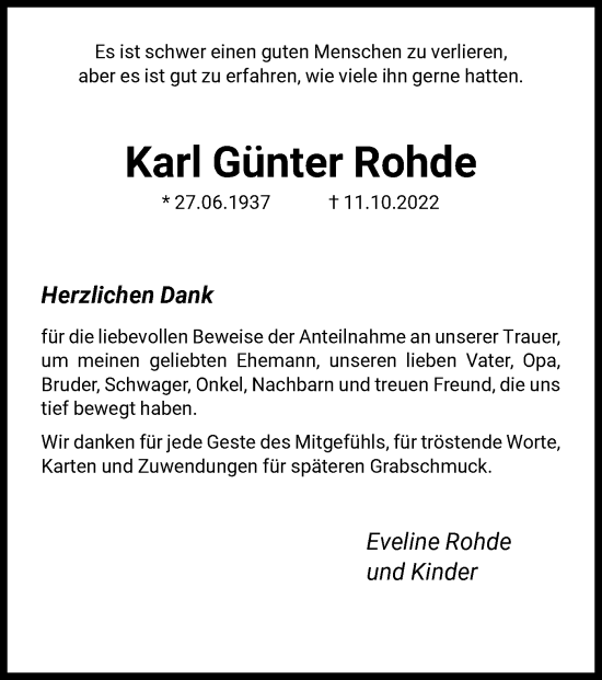 Todesanzeige von Karl Günter Rohde von HNA