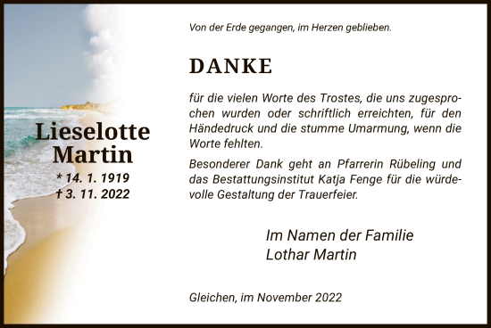 Todesanzeige von Lieselotte Martin von HNA