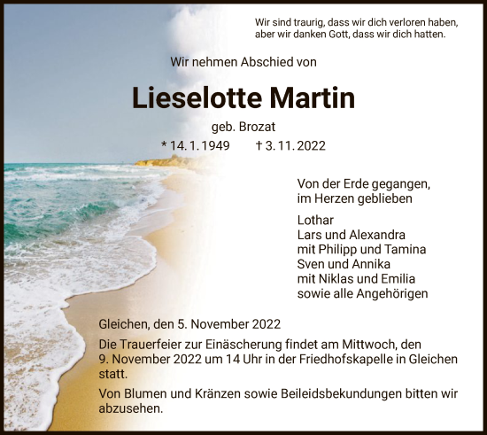 Todesanzeige von Lieselotte Martin von HNA