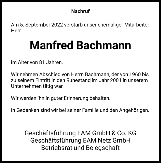 Todesanzeige von Manfred Bachmann von HNA