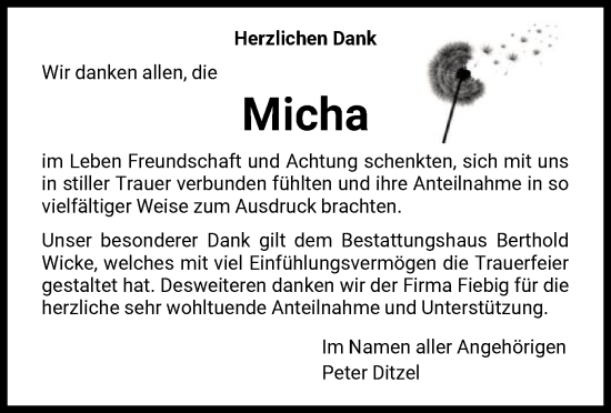 Todesanzeige von Micha  von HNA