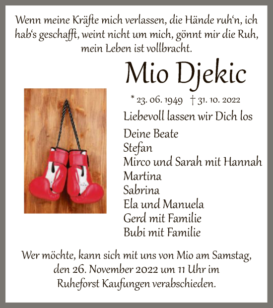 Todesanzeige von Mio Djekic von HNA