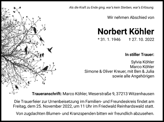 Todesanzeige von Norbert Köhler von HNA