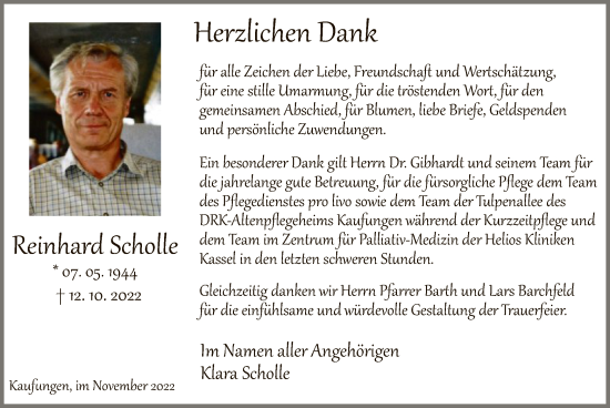 Todesanzeige von Reinhard Scholle von HNA