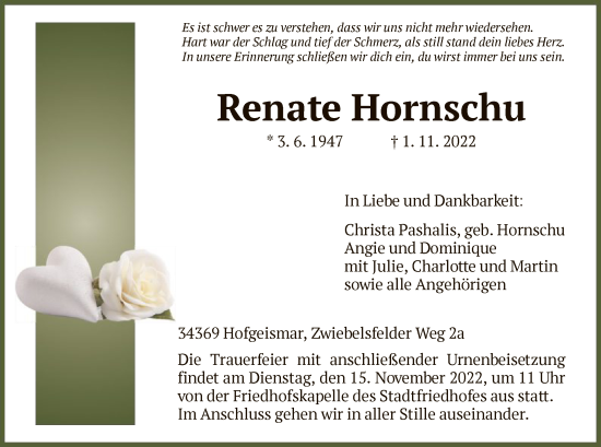 Todesanzeige von Renate Hornschu von HNA