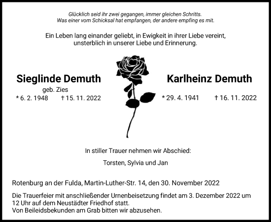 Todesanzeige von Sieglinde und Karlheinz Demuth von HNA