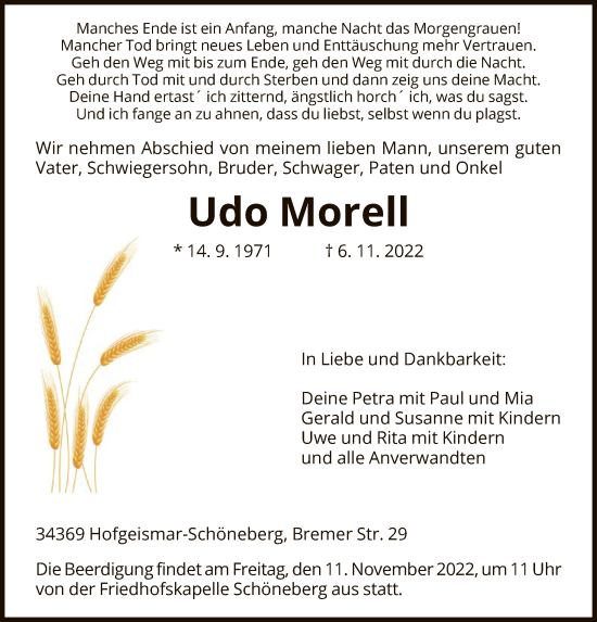 Todesanzeige von Udo Morell von HNA