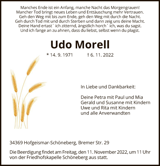 Todesanzeige von Udo Morell von HNA