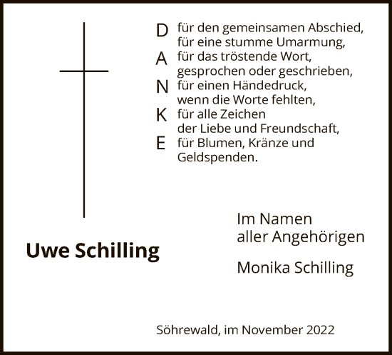 Todesanzeige von Uwe Schilling von HNA