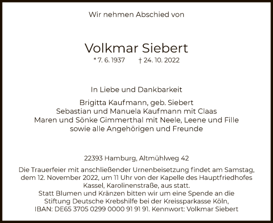 Todesanzeige von Volkmar Siebert von HNA