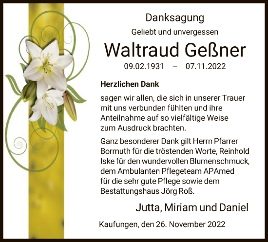 Todesanzeige von Waltraud Geßner von HNA