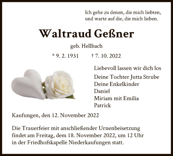 Todesanzeige von Waltraud Geßner von HNA