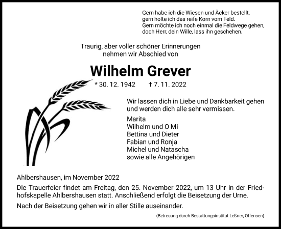 Todesanzeige von Wilhelm Grever von HNA
