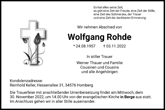 Todesanzeige von Wolfgang Rohde von HNA