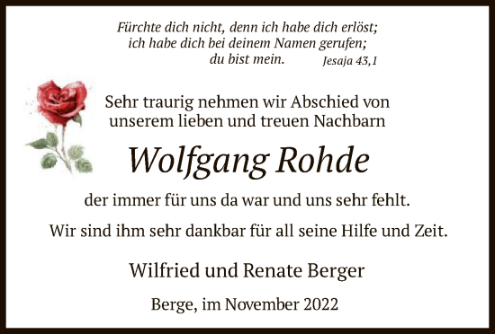 Todesanzeige von Wolfgang Rohde von HNA