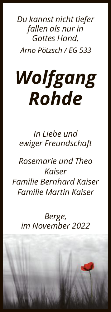 Todesanzeige von Wolfgang Rohde von HNA