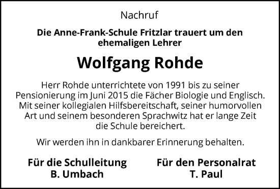 Todesanzeige von Wolfgang Rohde von HNA